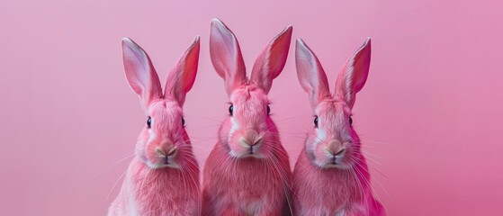 Rabbits Pink Cute Trio Animals Portrait, Studio Pink Background, Adorable Symmetry Closeup, Vibrant Fluffy Ears