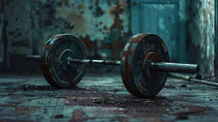 Rusty barbell in an abandoned gym for fitness or industrial themed designs