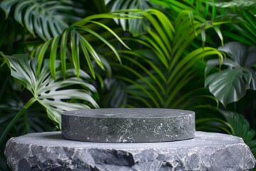 Round gray stone cosmetics product advertising podium stand with tropical leaves background. Empty natural stone pedestal platform to display beauty. Mockup