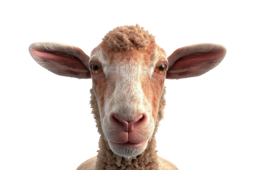 A sheep with a white face and brown ears is staring at the camera, illustrations, clipart, isolated on a transparent background.
