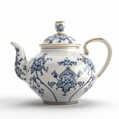 Blue and white teapot against a plain white backdrop
