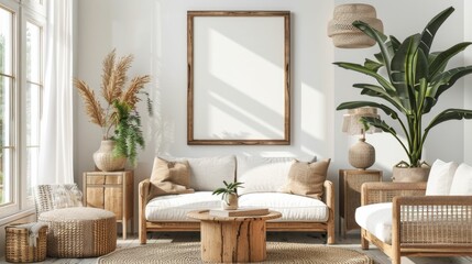 Cozy and Stylish Scandinavian Inspired Living Room with Natural Wood Furnishings and Blank Wall Art Frame