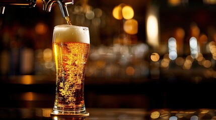 Chilled Ale Pouring from Bar Tap into Glass