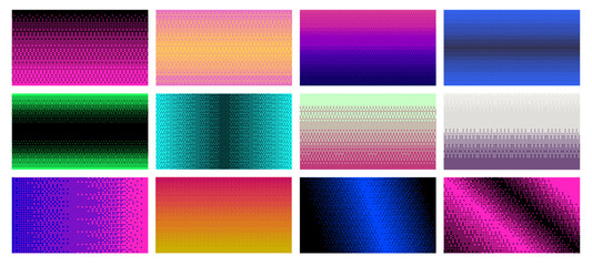Dithering pixel art pattern backgrounds. Retro bitmap gradients, pixelated color transitions and digital backdrops vector set