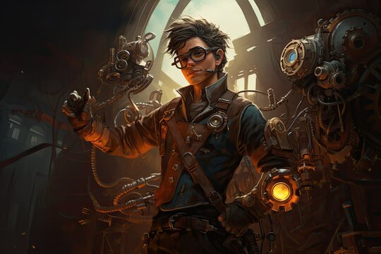 A man in glasses wearing a steampunk suit stands confidently. Generative AI - Powered by Adobe