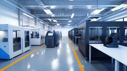 Obraz premium Create an image of a 3D printing facility producing spare parts on-demand for maintenance and repair operations, with additive manufacturing technology reducing lead times and inventory 