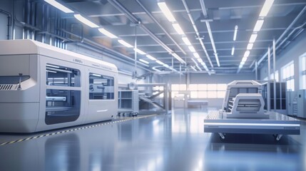 Obraz premium Create an image of a 3D printing facility producing spare parts on-demand for maintenance and repair operations, with additive manufacturing technology reducing lead times and inventory costs