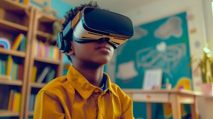 A boy immersed in virtual reality technology while wearing a headset in a classroom setting.