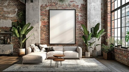 Sophisticated Urban Loft Living Space with Blank Poster Frame and Exposed Brick Walls