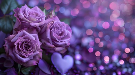 purple roses and purple hearts on purple background with bokeh lights, love wallpaper, purple...