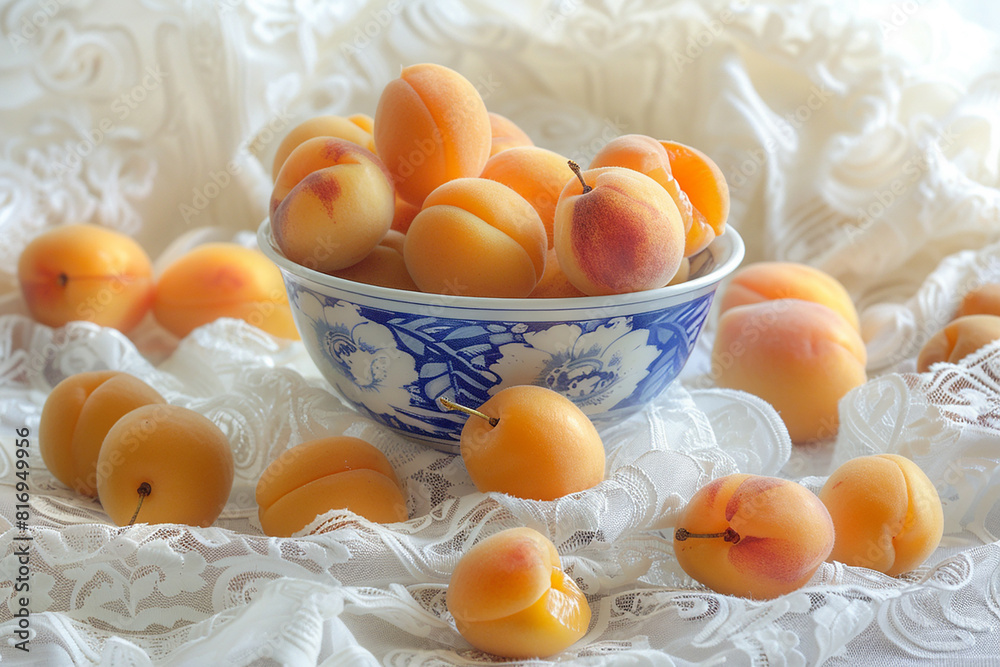 Canvas Prints A bowl of peaches is on a white tablecloth