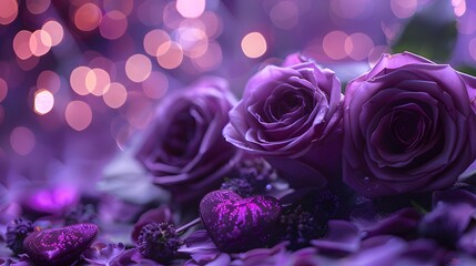 purple roses and purple hearts on purple background with bokeh lights, love wallpaper, purple flowers, purple valentine's day design, purple rose background.
