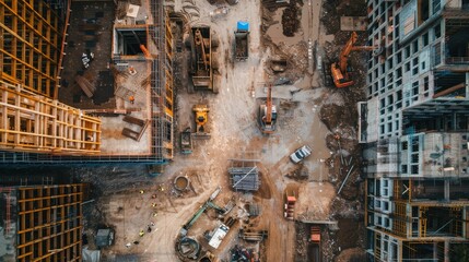 Overhead shot of a city's housing development site, showcasing machinery, workers, and building structures in development