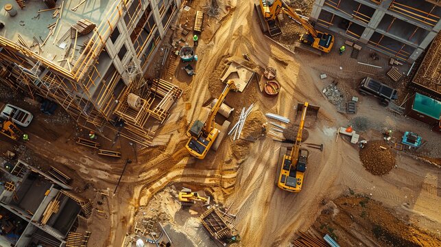 Overhead shot of a city's housing development site, showcasing machinery, workers, and building structures in development