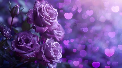 purple roses and purple hearts on purple background with bokeh lights, love wallpaper, purple flowers, purple valentine's day design, purple rose background.