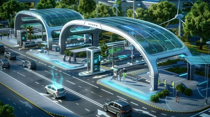Depict a futuristic transport hub where electric and hydrogen-powered vehicles recharge/refuel, with renewable energy sources like solar panels and wind turbines powering the infrastructure 