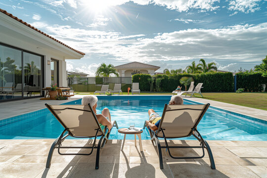 blissful retirement living, a cheerful senior couple enjoying a leisurely day by the swimming pool in their backyard vacation home. With comfortable lounge chairs, they savor the o