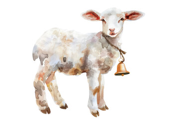 A white lamb with a bell around its neck, illustrations, clipart, isolated on a transparent background.