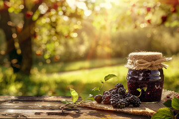 A jar of blackberry jam is on a table next to some blackberries