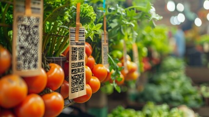 Illustrate blockchain technology being used to trace the origin of food products from farm to table, with QR codes linking to digital records detailing production methods and quality standards
