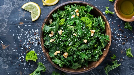 Top view bowl massaged kale salad walnuts lemon wedges