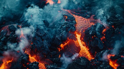 Fototapeta premium Intense close-up of lava eruptions and swirling smoke as metaphors for the chaos of overspending, set against a dark isolated background