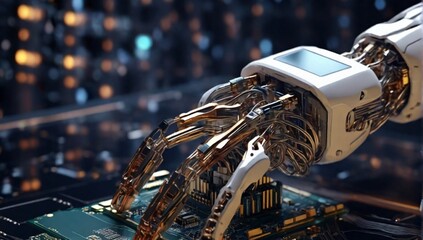Futuristic Animation Concept: High-Tech Authentic Robot Arm Holding Contemporary Super Computer Processor Moving into Focus. CPU Microchip Digitilizes and Sends Data Power Lines with Computer Vision
