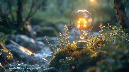 Creative Harmony Show a 3D light bulb surrounded by natural elements and futuristic design, blending seamlessly to inspire global creativity and innovation