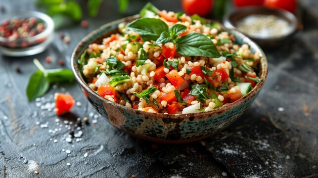 Freekeh salad tomatoes, cucumbers, onions, herbs in ceramic bowl