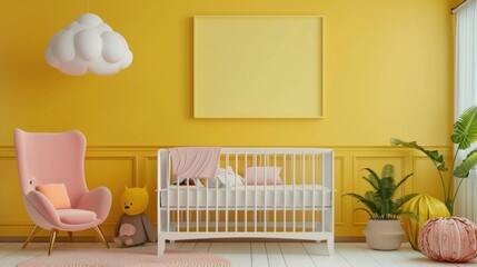 Bright and Soothing Nursery Room with Pastel Colored Crib and Blank Poster Frame