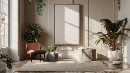 Minimalist Entryway with Statement Poster Frame and Natural Accents