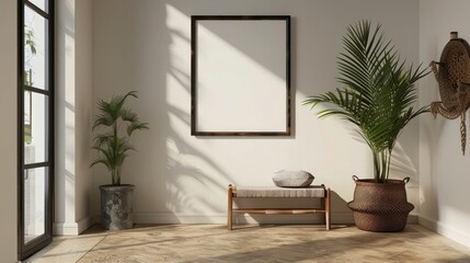 Minimalist Entryway Featuring Bold Blank Poster Frame as a Captivating Focal Point in Calming Neutral Toned Space