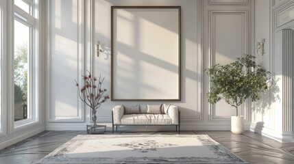 Elegant Foyer with Reflective Blank Poster Frame Showcasing Contemporary and Sophisticated Interior Design