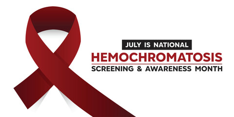 Hemochromatosis Screening and Awareness Month. Red ribbon. Great for cards, banners, posters, social media and more. White background.