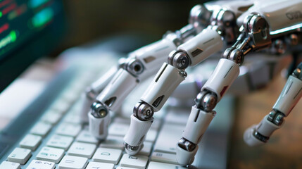 Close-up of a robotic hand typing on a keyboard with a computer screen displaying code in the background, representing AI programming and automation.
