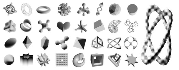 Halftone 3D figures. Retro monochrome volumetric shapes with halftone pattern texture. Y2k elements vector set