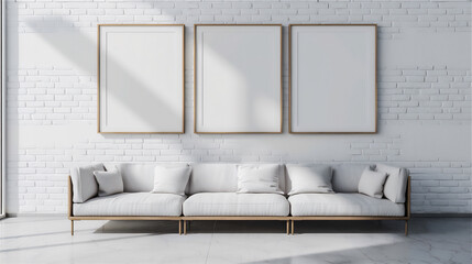 Mock Up three white Poster Frames on the white brick wall in minimalist interior living room with...