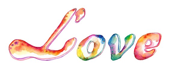 A vibrant, hand-painted watercolor word "Love" featuring colorful letters on a white background exudes joy and positivity, adding a playful touch to any design