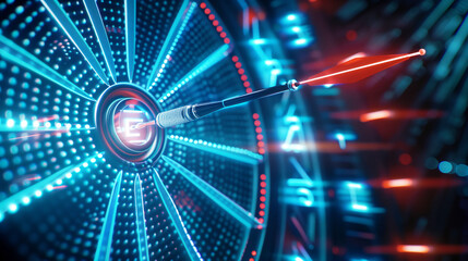 Close-up of an illuminated electronic dartboard with a dart hitting the bullseye, showcasing precision and focus in a futuristic setting.