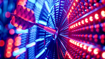 Close-up of a dart hitting the bullseye on an electronic dartboard illuminated with vibrant red and blue neon lights, symbolizing precision and success.