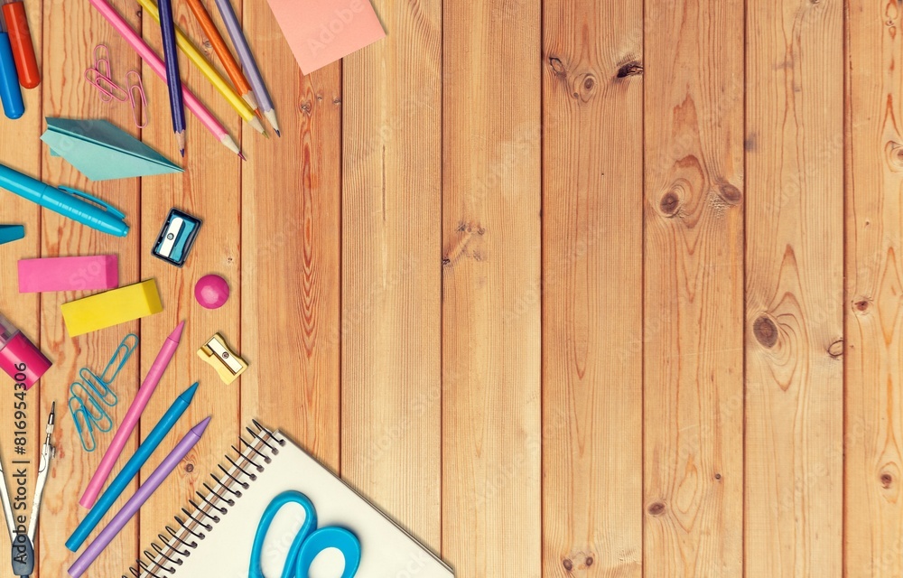 Sticker Early learning concept, colorful equipment, supplies on desk