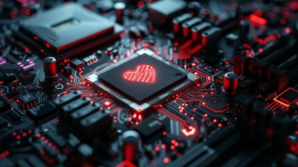 Circuit board with a central microchip, visually defining the heart of computing technology Dark, moody background for emphasis Photorealistic render