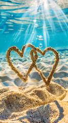 Two hearts are made out of sand on a beach. The sand is wet and the sun is shining on the beach. Generative AI