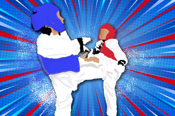 martial arts Taekwondo players illustration with action background