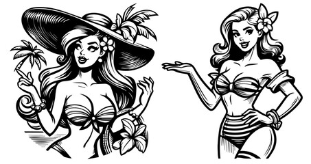 retro pinup girl tropical vacation, black vector transparent, pin-up woman nocolor silhouette sketch vintage illustration, comic character shape for laser cutting engraving print