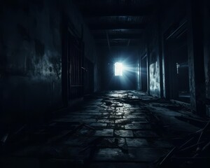 Capture the eerie atmosphere of an abandoned building at twilight, emphasizing the chilling effect of shadows and silence Selective focus theme in haunted places, surreal blend mode to enhance the gho