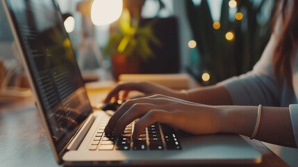 Close-up de mãos de mulher de negócios trabalhando, digitando no teclado do computador portátil, navegando na internet na mesa de escritório, trabalhando on-line, teletrabalho, freelancer no conceito