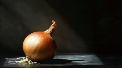 Single onion on a rustic wooden table for food photography or kitchen design