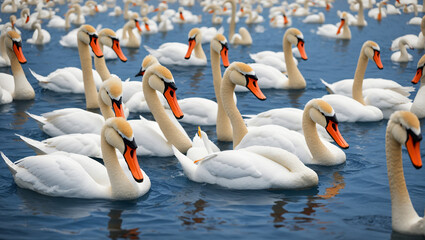 A large group of swans are swimming in a lake.