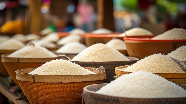 Examine the role of rice in local economies, particularly in rural communities, highlighting economic impacts Selective focus theme in economy, vibrant multilayer illustrating the market chain from fa